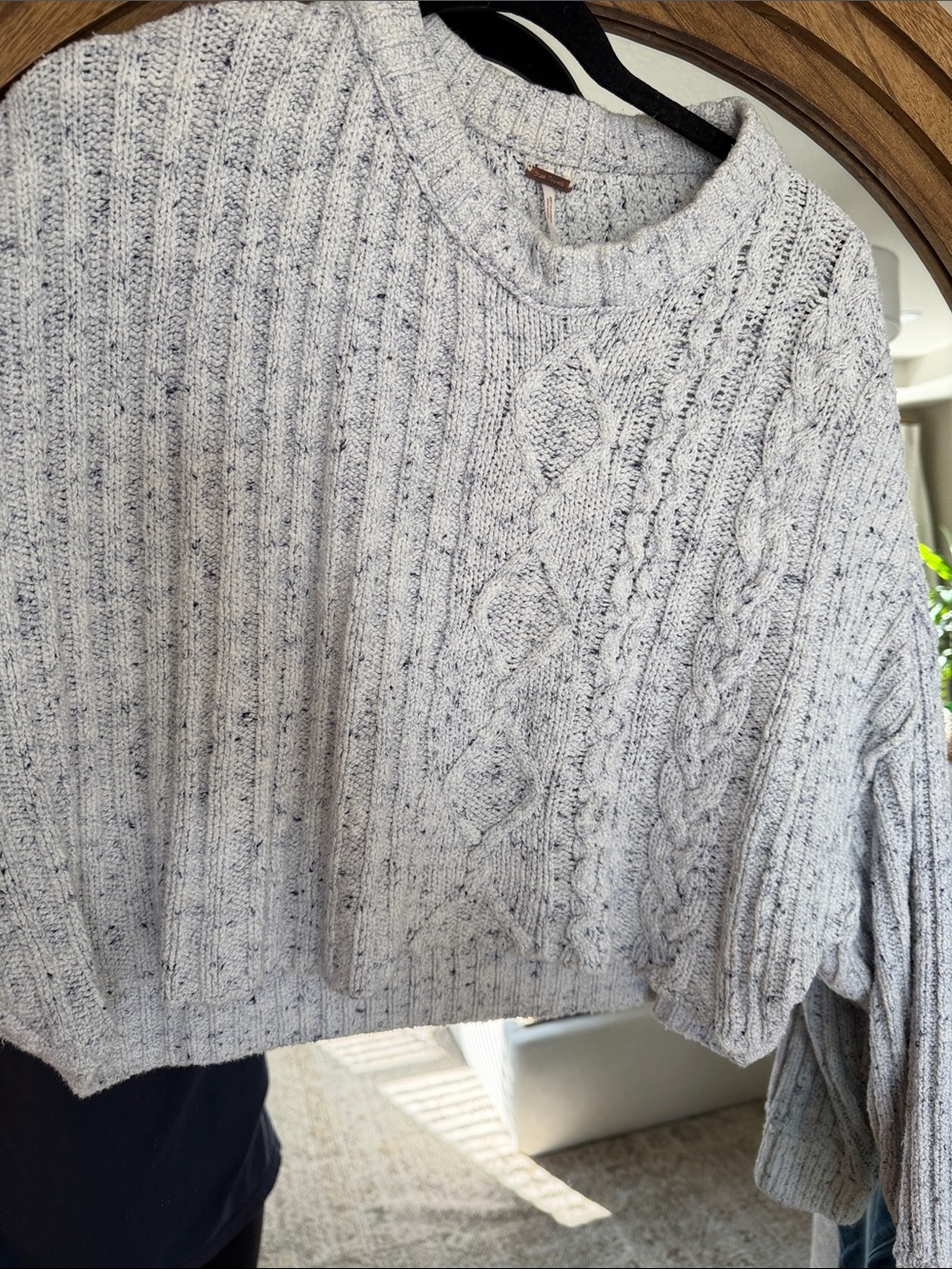 Free People Speckled Light Gray Cropped Cable Knit Sweater - Picture 4 of 5